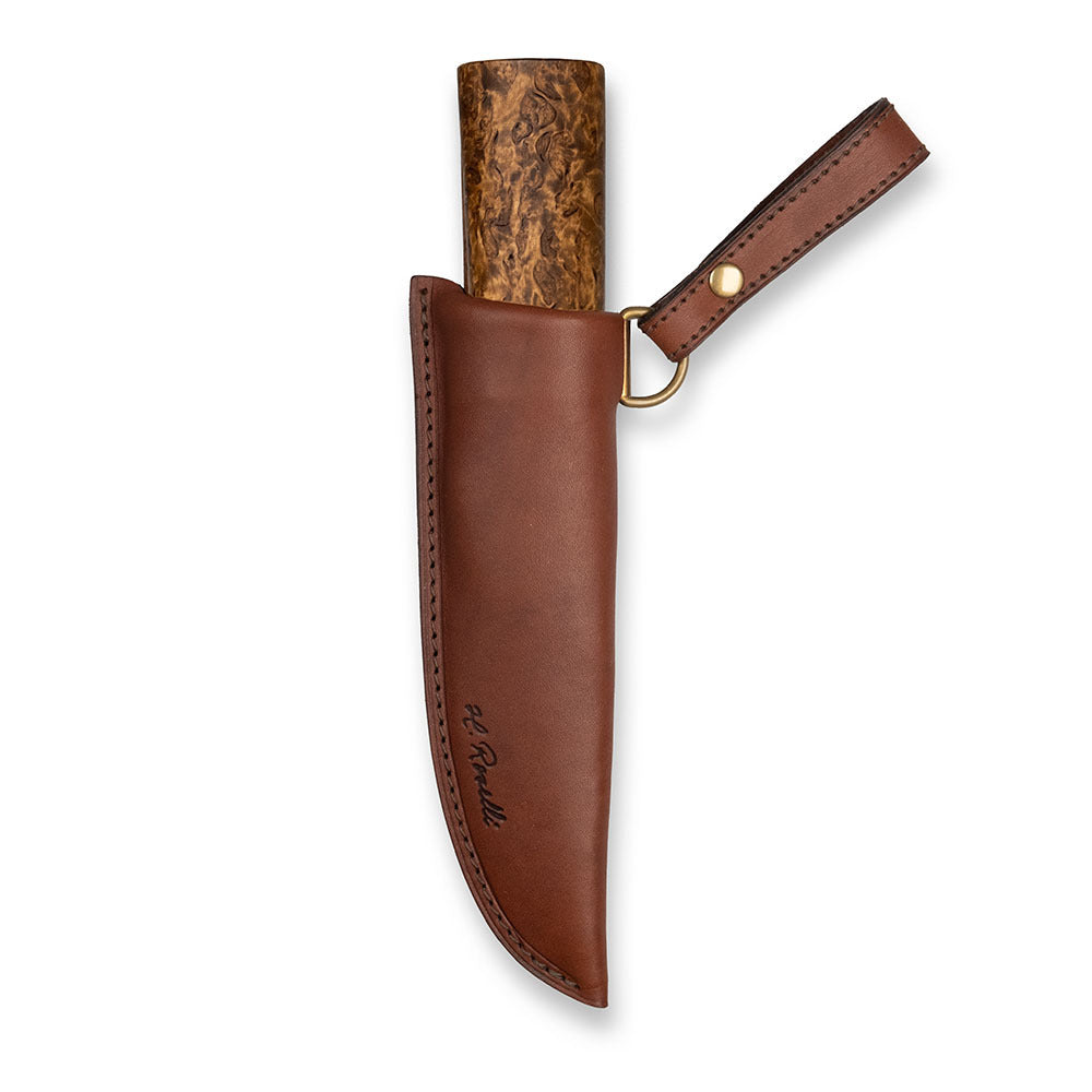 Handmade Finnish hunting and outdoor knife for hunting, camping and bushcraft. Made from carbon steel and stained curly birch. Comes with a handmade leather sheath.