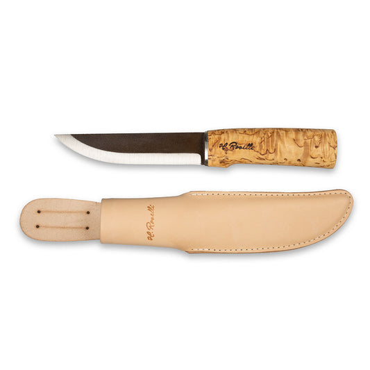 Rosellis Finnish Hunting knife with a long carbon steel blade.