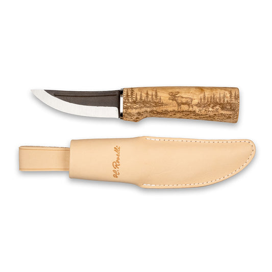 Roselli handmade Finnish Hunting Knife with a detailed Finnish moose engraving on the curly birch handle.