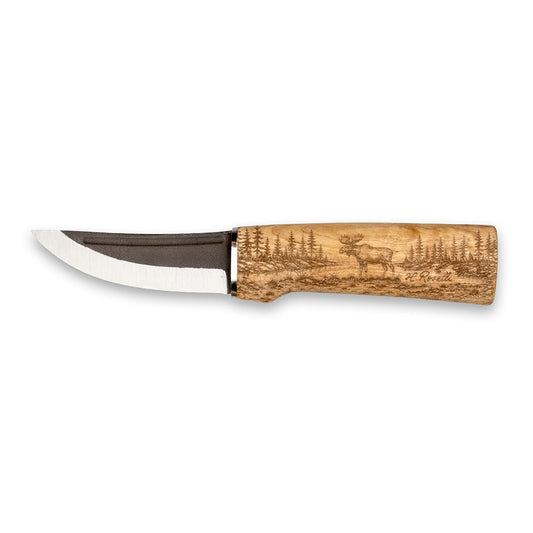 Roselli handmade Finnish Hunting Knife with a detailed Finnish moose engraving on the curly birch handle.