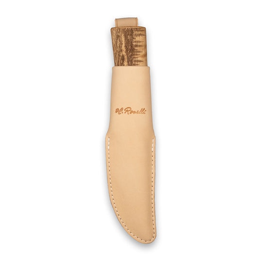 Roselli handmade Finnish Hunting Knife with a detailed Finnish moose engraving on the curly birch handle.