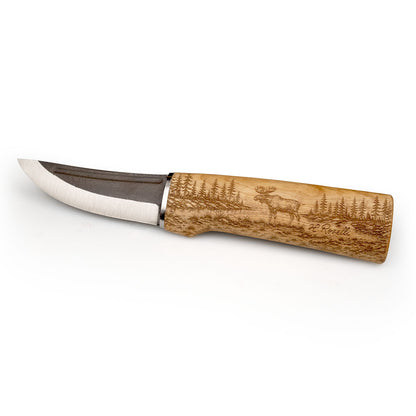 Roselli handmade Finnish Hunting Knife with a detailed Finnish moose engraving on the curly birch handle.