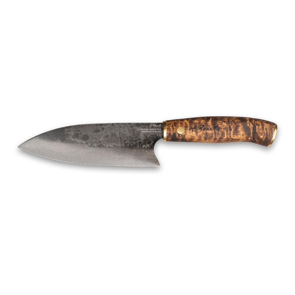 Roselli's handcrafted Santoku kitchen knife in high-carbon steel (UHC steel) with a stained curly birch handle. Delivered with a handmade leather sheath.