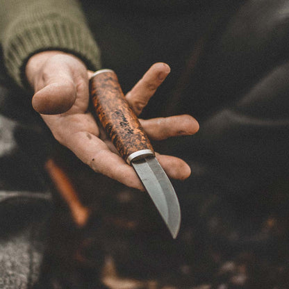 Handmade Finnish knife from Roselli in model "carpenter knife" comes with a handle made out of stained curly birch and details of silver ferrule